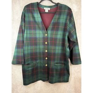 VTG 90s Eccotoo Cardigan Womens 1X Green Plaid V-Neck Button‎ Front Longline